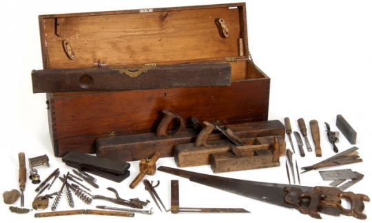 Toolbox and carpenter's tools used in building Minnesota State Capitol