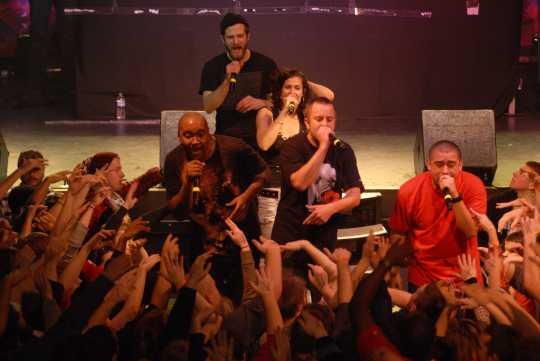 Color image of Doomtree performing at First Avenue, December 6, 2008. Photograph by Daniel Corrigan.