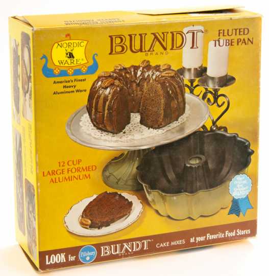 Color image of a cardboard container for the Nordic Ware Bundt jumbo fluted tube pan made of formed aluminum, ca. 1950–1970. Used by Susan Roth in St. Louis Park, Minnesota.