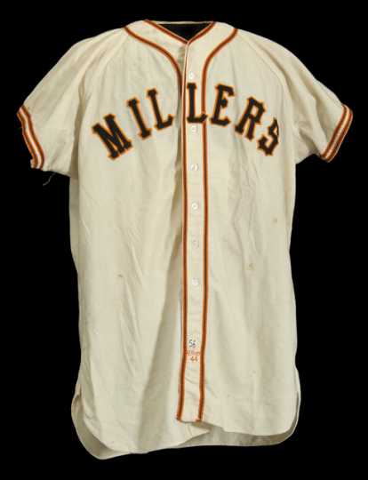 Minneapolis Millers uniform jersey made by Wilson Sporting Goods Company, worn by pitcher Alex Konikowski, 1956.