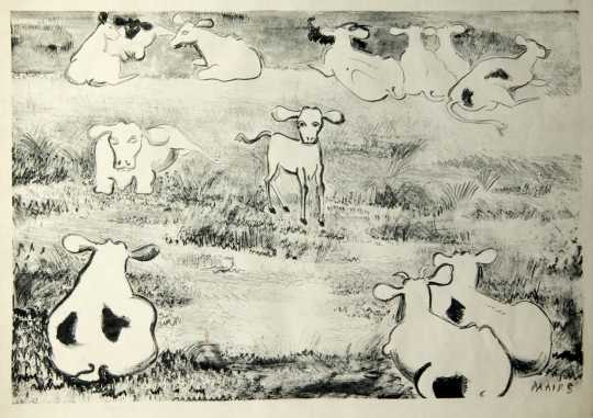 Cows and Calf, undated. Etching on paper by Clara Mairs. 
