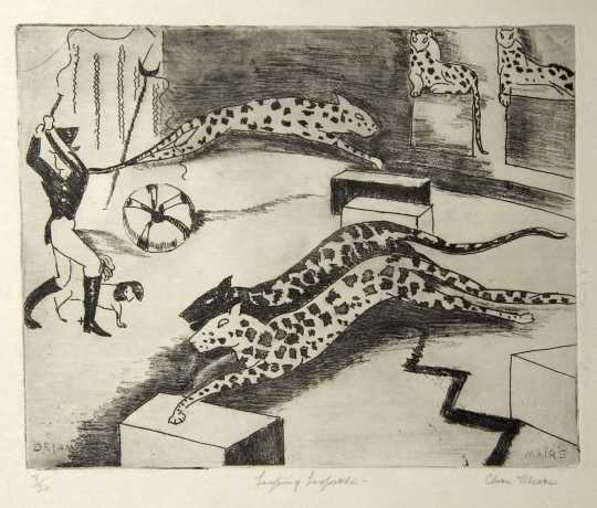 Leaping Leopards, c.1930. Etching on paper by Clara Mairs. 