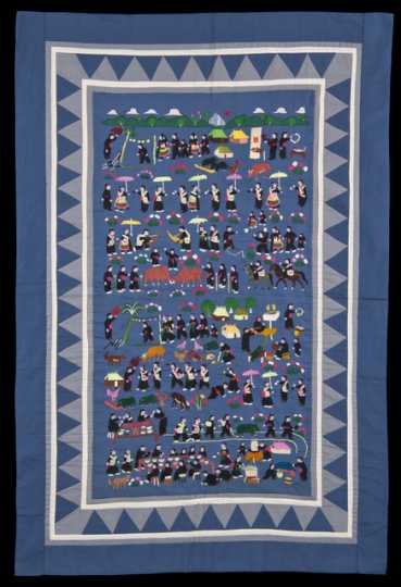 Color image of a Hmong paj ndaub, or story cloth, illustrating Hmong New Year activities. Made in at a refugee camp in Thailand, c.1980.