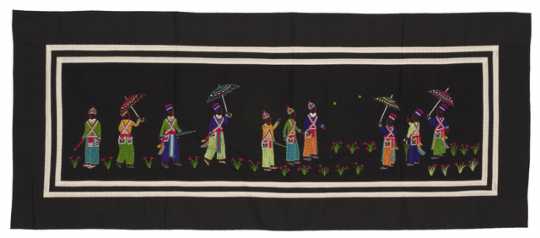 Color image of a Hmong paj ndaub, or story cloth, illustrating Hmong New Year courtship rituals. Made in Ban Vinai, Thailand, c.1988.