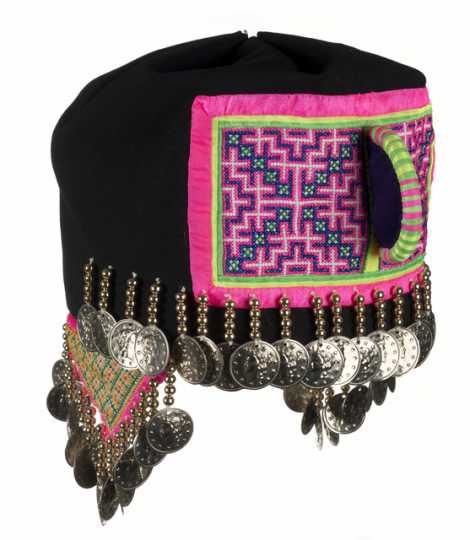 Color image of a Hmong girl’s hat in the traditional style. Made in St. Paul in 1989.