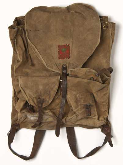 Color image of a Conservation Corps knapsack used by Fred Fretheim, CCC Company 3707, Two Harbors, Minnesota, ca. 1936–1937.