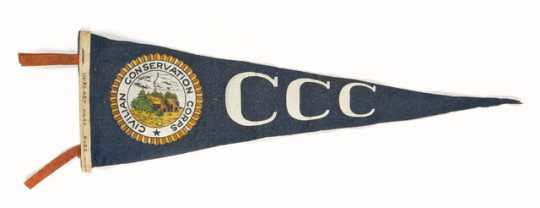 Color image of a Civilian Conservation Corps pennant owned by Fred Fretheim, ca. 1936–1937. Hand printed on the hoist edge is "company 2707/Minn/1936-7."