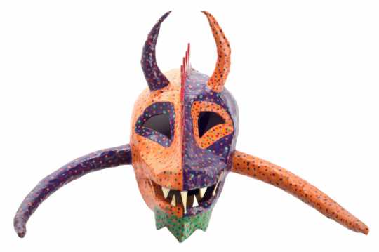 Color image of a papier-mâché vejigante mask made by Puerto Rican-Minnesotan artist and musician Ricardo Gómez c.1995.