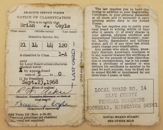 Brian Coyle’s draft card, 1968