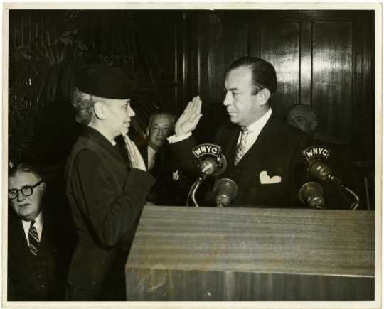 Anna Arnold Hedgeman being sworn in to Robert F. Wagner, Jr.'s mayoral cabinet, 1954. Wagner was the mayor of New York City from 1954 until 1965.