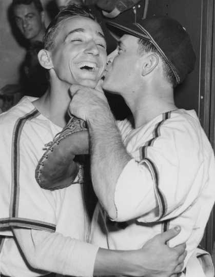 Rox manager Charlie Fox smacks Ramon "Rosey" Rosenkranz after a win in 1950. From the Stearns History Museum, St. Cloud.