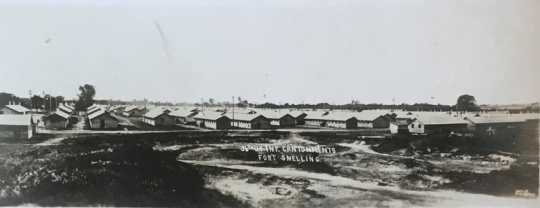 Black and white photograph of of cantonments at Fort Snelling, 1917.