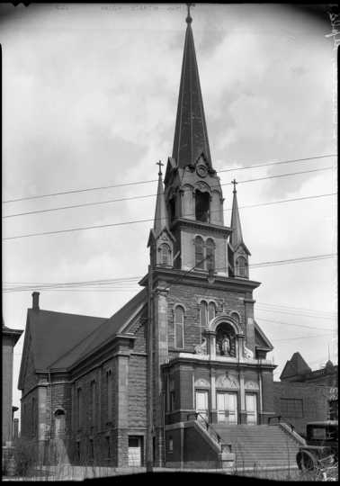 Black and white photograph of Our Lady of Lourdes Church, 27 Prince Street, Minneapolis, 1936. Photograph by A. F. Raymond.