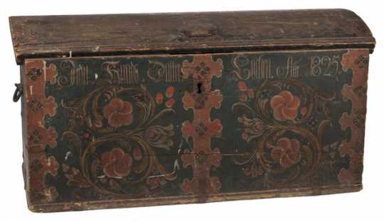 Photograph of a painted trunk used by a Norwegian immigrant
