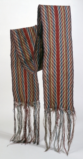 Color image of a French-Canadian finger-woven wool sash in ceinture flechee or “arrow sash" pattern, ca. 1750–1800.