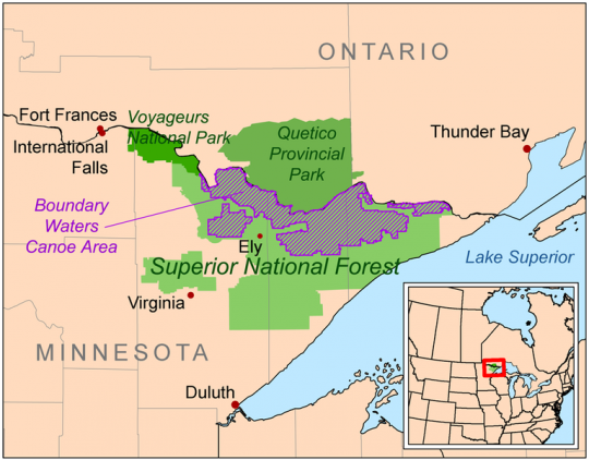 Map showing the location of the Boundary Waters Canoe Area Wilderness