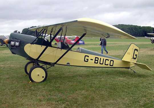Color photograph of home-built Pietenpol Air Camper (UK registration G-BUCO) at Kemble Airfield, Gloucestershire, England.