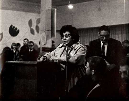 Black and white photograph of an AIM-organized Forum on Police Brutality, ca. 1968.