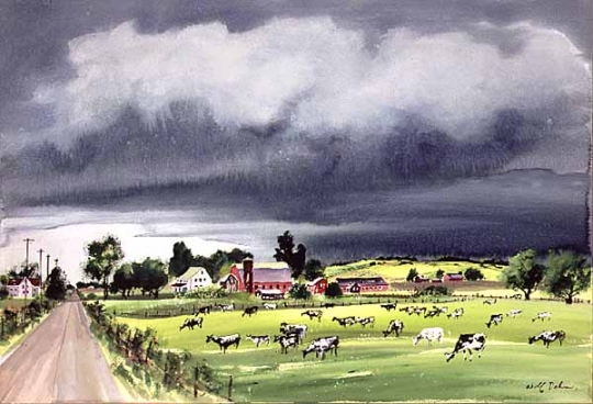 Rainstorm in Minnesota, watercolor on paper by Adolf Dehn, 1950. 