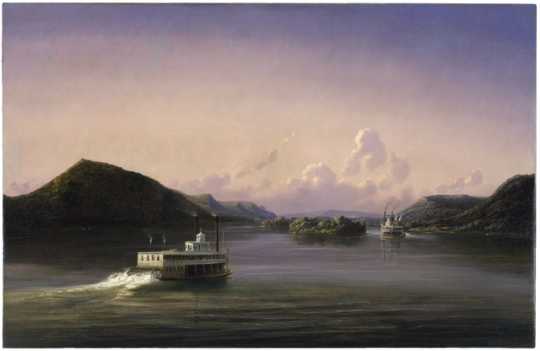 Oil-on-canvas painting of steamboats traveling the Mississippi River. Painted by Ferdinand Richardt in 1857.