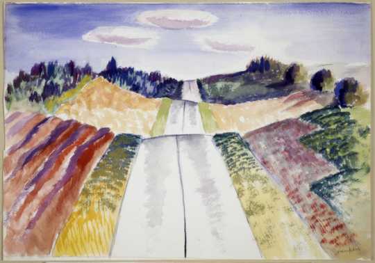 Color image of The New Highway #61, c.1939. Watercolor on paper by Clement Haupers.