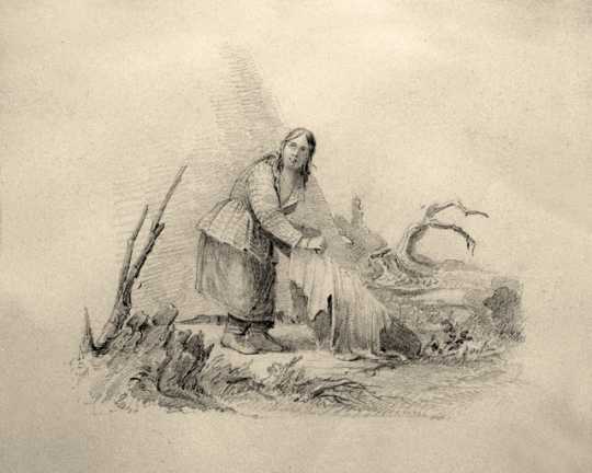 Graphite drawing of a Dakota woman processing a hide, c.1845. Drawing by Seth Eastman. 