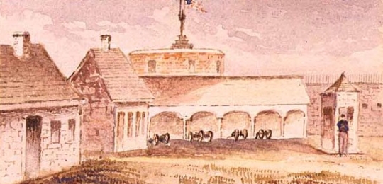 Watercolor painting of the interior of Fort Snelling, c.1853. Painting by George F. Fuller.  
