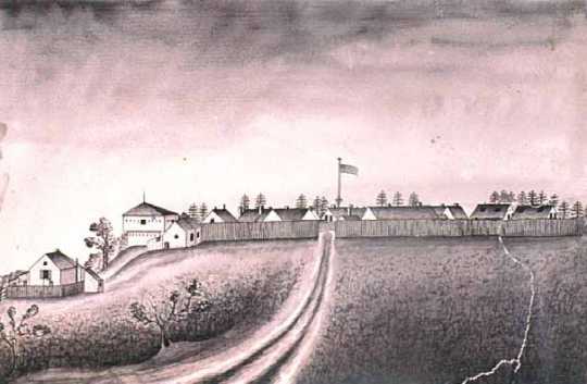 Fort Ripley view from the north, 1864. Pen and wash drawing by Corporal August Harfeldt, Third Battery, Minnesota Light Artillery.