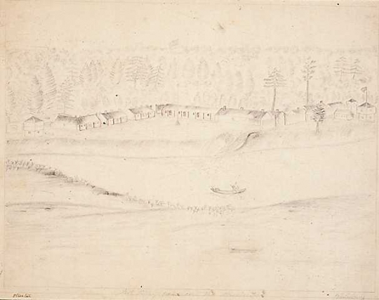 Graphite drawing of Fort Ripley from east the Mississippi, 1863. Drawing by Jonathan Burnett Salisbury.