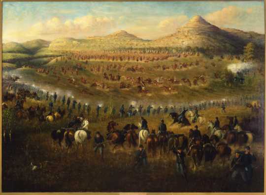 Oil painting done by Carl L. Boeckmann in 1910 depicting the Battle of Killdeer Mountain on July 28, 1864.