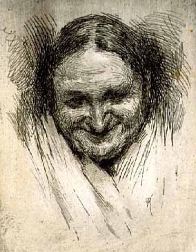 "Old Woman looking down," c.1885. Etching by Robert Koehler. 