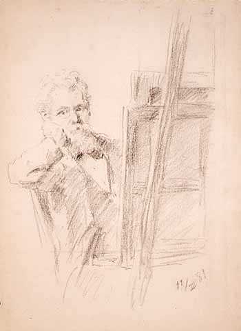 "Self Portrait Behind an Easel," 1881. Charcoal on paper by Robert Koehler.  