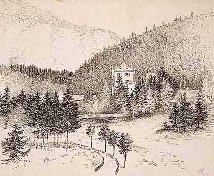 "Kloestevl und Jagdschloss in Hinterviss, Tyrol," 1874. Pen and Ink on paper by Robert Koehler. 