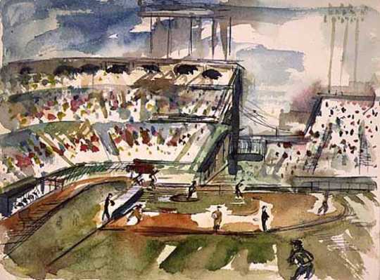 View of Metropolitan Stadium in Bloomington. A baseball game is being played on the field. Artist: Hazel Thorson Stoeckeler, 1964.