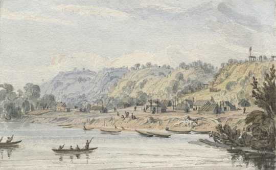 Water color painting of Little Crow’s village on the Mississippi by Seth Eastman c.1846–1848.