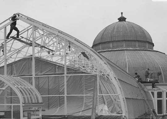 Black and white photograph of restoration work on the Conservatory, 1990.