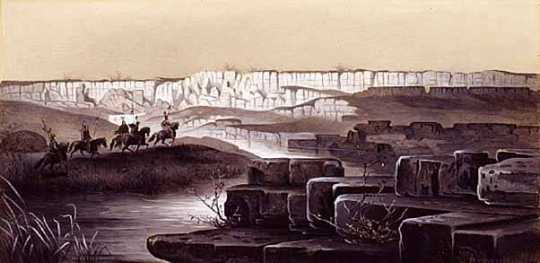 The red Pipestone Quarry in Southwestern Minnesota. Pen and ink drawing of Rudolf Daniel Ludwig Cronau, 1881.