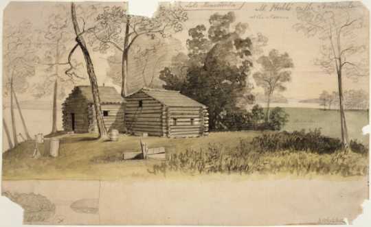Watercolor painting of Lake Minnetonka as it appeared when Joseph Israel Lobdell guarded a claim there in late 1856. By Edwin Whitefield, ca. 1856–1859.