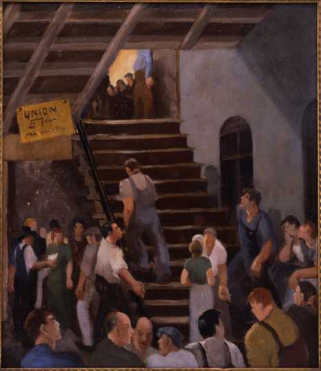 Oil on board painting of strike headquarters, 1934. Painting by Jerry Hudson.