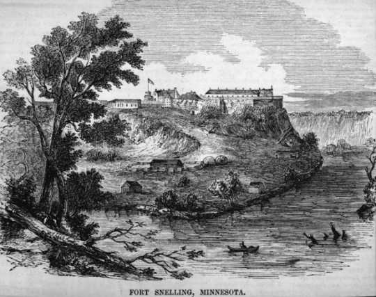 Black and white lithograph of Fort Snelling, showing additional buildings on the landing, 1830. Artist unknown.