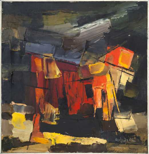 "Boats and Fish Houses," oil-on-canvas painting by Elof Wedin, 1963–1967.