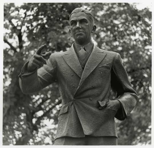 Black and white photograph of Floyd B. Olson statue, c.1965.