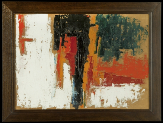 Color image of Untitled, An abstract oil raw canvasboard by George Morrison, 1959. Primarily orange, white, red, black and green in color. 