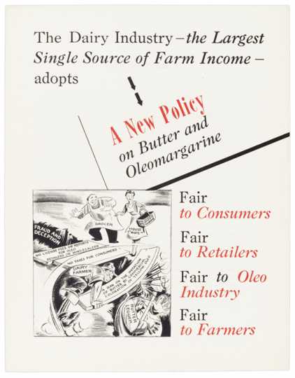 Editorial cartoon, commissioned by the National Cooperative Milk Producers Federation, advocating repeal of the federal tax on oleomargarine and the continuation of the ban on yellow margarine, 1949. Image from the Roy Wier Papers, 1920–1969, Minnesota Historical Society. 