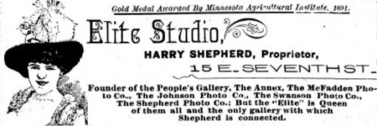 Advertisement for Harry Shepherd’s Elite Studio, located at 15 East Seventh Street in St. Paul, 1891. From the Appeal, December 19, 1891.