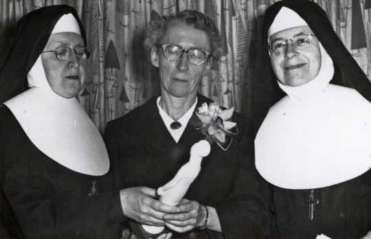 Black and white photograph of Sister Mary William Brady, Agnes Keenan, and Sister Maris Stella Smith (later Sister Alice Smith), 1961.