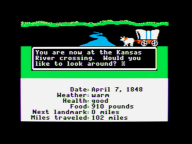 Screenshot from the Apple II version of the Oregon Trail computer game, ca. 1980s. Photographed by Wikimedia Commons  user Bobamnertiopsis.