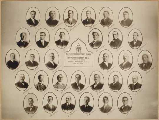 Black and white photo collage of the Consistory Class of Winona Ancient and Accepted Scottish Rite, 1908.