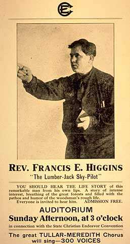 Poster promoting a lecture by Francis "Frank" E. Higgins, the lumberjack sky pilot, c.1909.