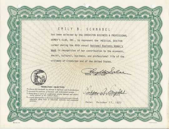 Color image of a BPWC certificate awarded to Emily B. Schnabel, 1977.